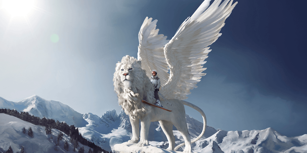 Animated sculpture of a white lion with wings – fantasy-inspired and surreal