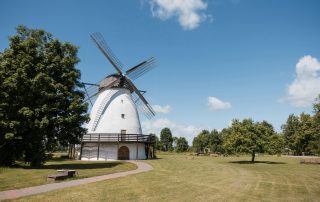 Traditional windmill on a grassy field under a blue sky in Estonia