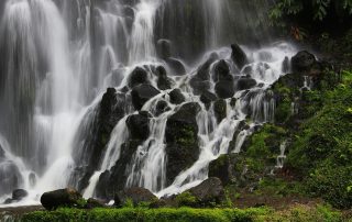 Lush Azores waterfall cascading down volcanic rock – serene natural backdrop for filming