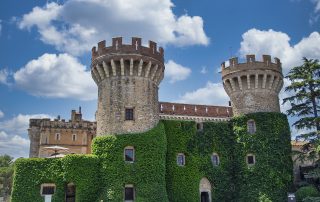 Stone medieval castle with two towers and lush green ivy – historic fortress set against a cloudy blue sky