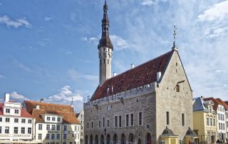 Historic church with tall steeple in Tallinn’s Old Town, Estonia