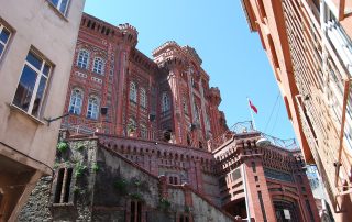 Historic red brick school building in Istanbul’s Balat neighborhood