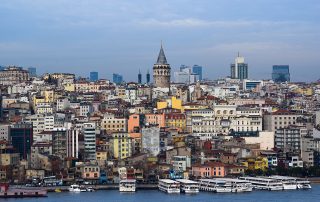 Cityscape of Istanbul with Galata Tower rising above Bosphorus skyline