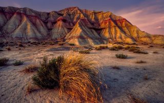 Vibrant desert hills with warm hues and sparse shrubs – otherworldly terrain at Bardenas Reales, Navarra