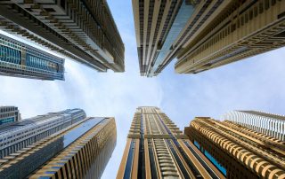 Abstract upward view of skyscrapers with geometric perspective