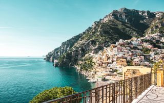Colorful coastal homes along the Amalfi Coast, Italy, overlooking the Tyrrhenian Sea