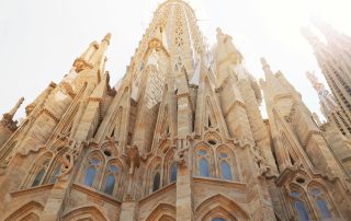 Ornate spires of La Sagrada Família, Barcelona – Gaudí’s iconic unfinished basilica under bright sky