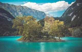 Turquoise alpine lake surrounded by autumn trees in northern Italy