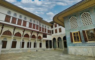Elegant colonnade and architecture of an old European courtyard