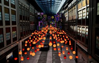 Colorful illuminated walkway in UAE shopping district – urban production setting