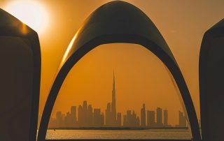 Orange skyline silhouette of Dubai with modern architecture