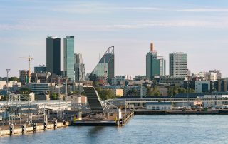 Modern city skyline of Tallinn with marina in foreground